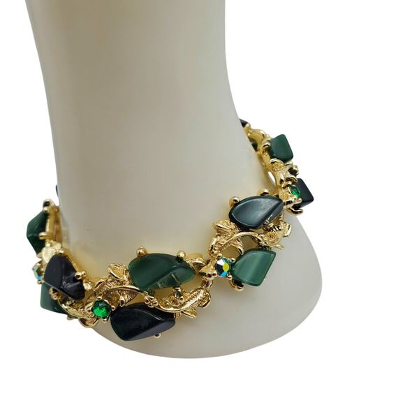 Green Thermoset Link Bracelet Rhinestone AB Gold Tone 7 1/2" L Vintage 1960s 70s - Picture 4 of 9
